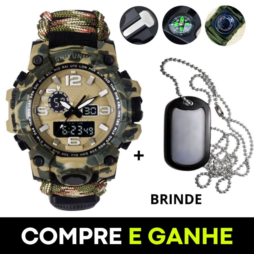 Adventure Watch - Relógio Tático de Sobrevivência + Dog Tag Militar e Boné Camuflado TUNICA de Brinde