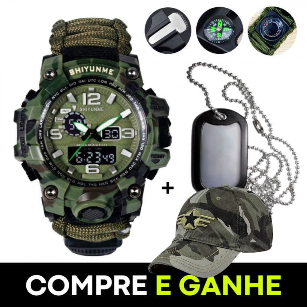 Adventure Watch - Relógio Tático de Sobrevivência + Dog Tag Militar e Boné Camuflado TUNICA de Brinde